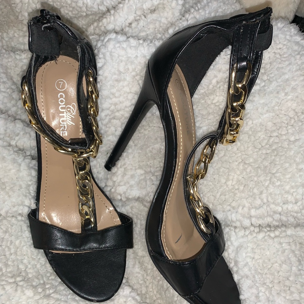 Black High Heel, Chain Design, Toe Show Pump, Funky Black and Gold Heels